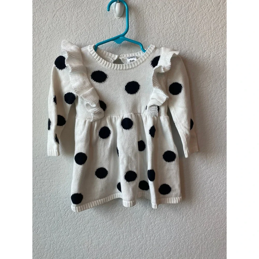 Carter's Baby Girl Polka Dot Ruffle Knit Sweater Dress Size 9M White Black